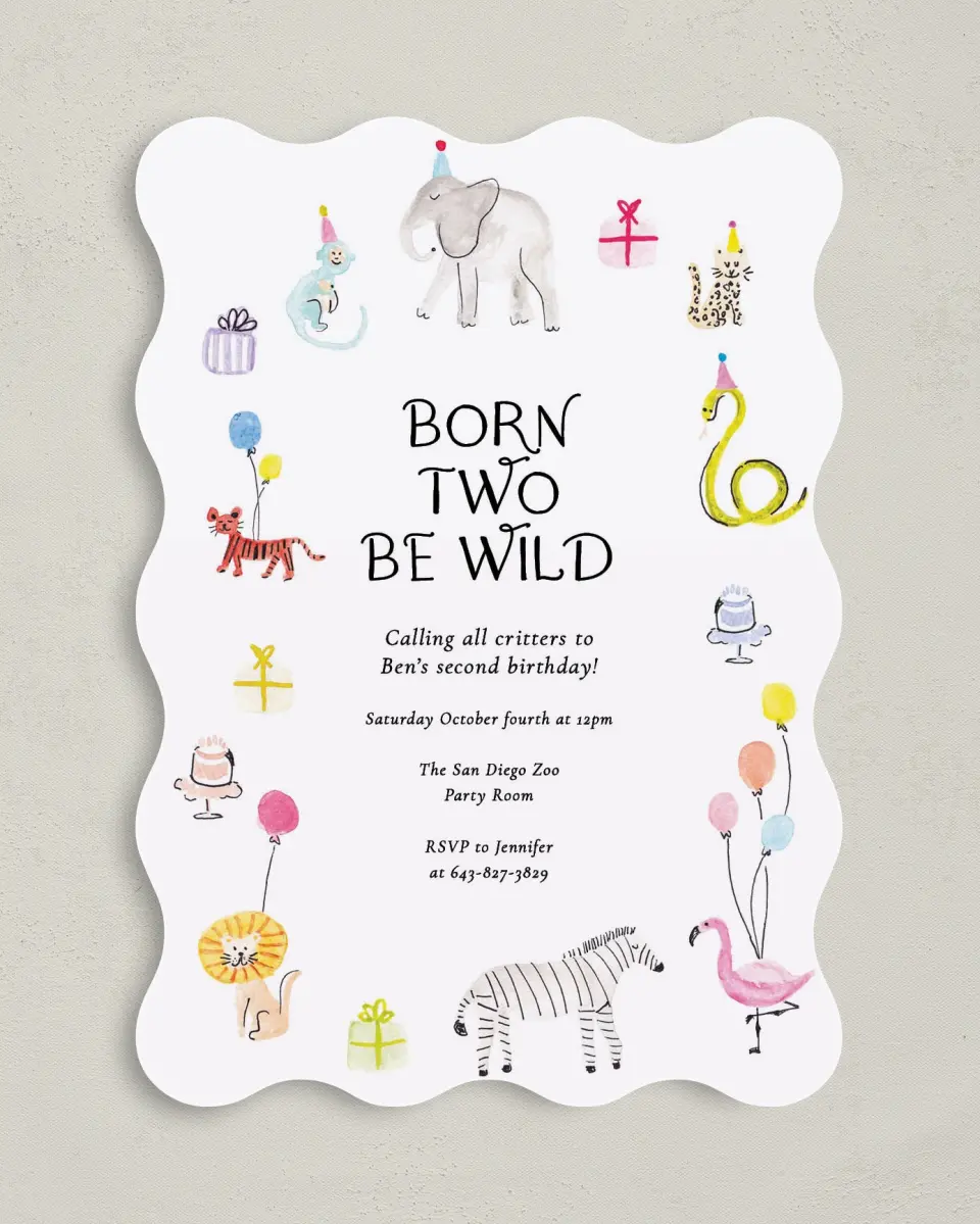 This is a 5" x 7" Birthday Party Invitation called Born to be WILD printed in full color on Premium Smooth paper