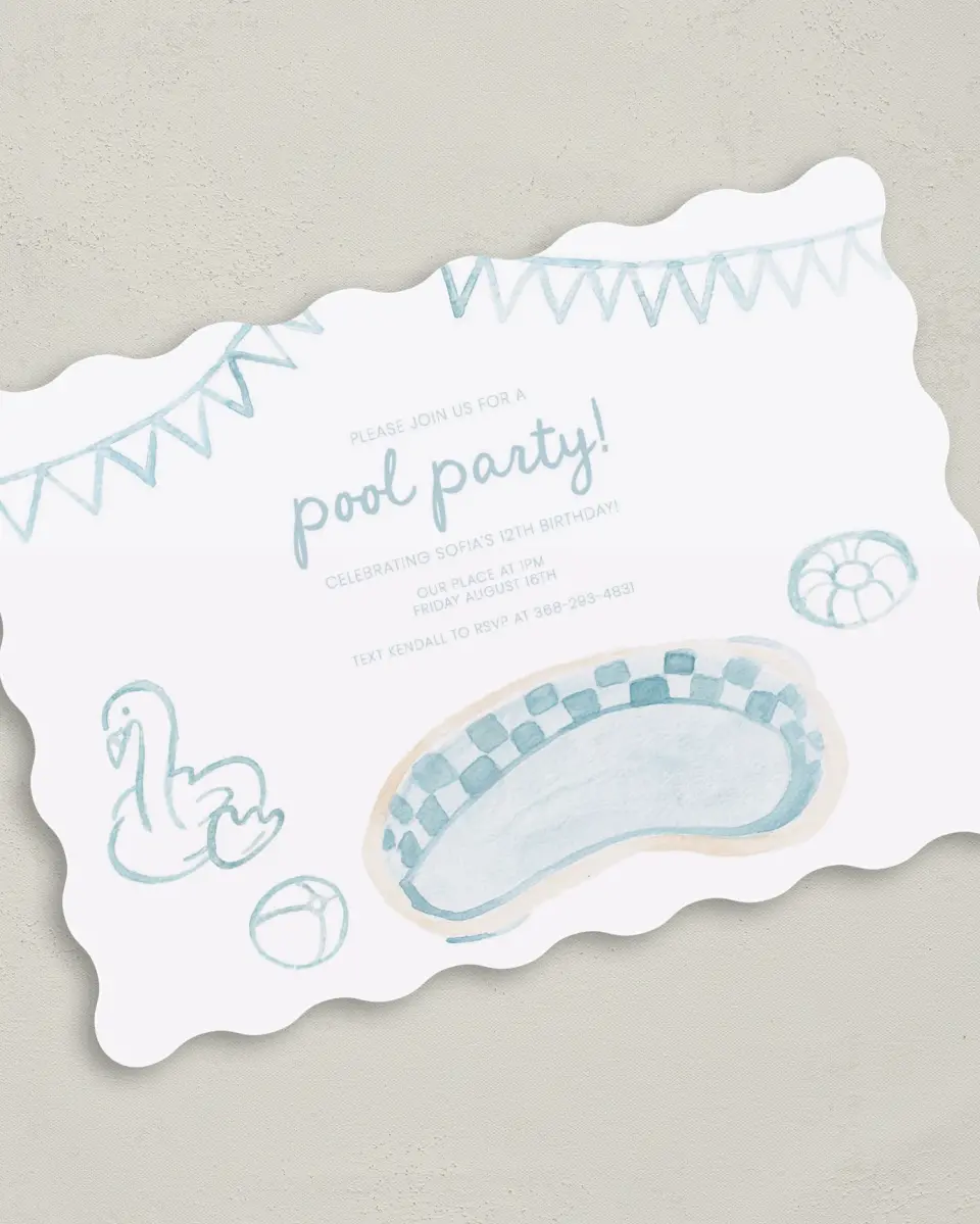 This is a 5" x 7" Birthday Party Invitation called Pool Party printed in full color with Rose Gold foil on Luxe Satin (coated) paper
