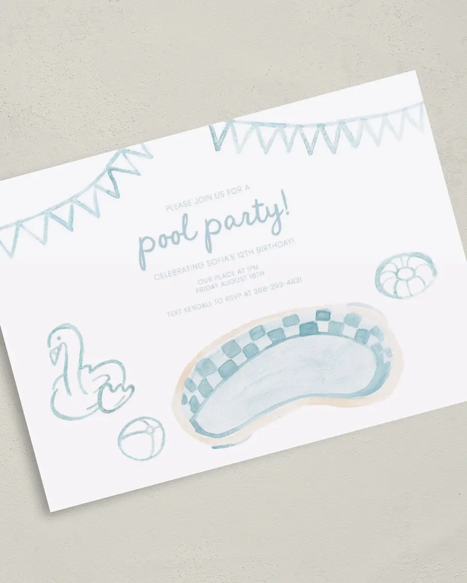 This is a 5" x 7" Birthday Party Invitation called Pool Party printed in full color on Premium Smooth paper