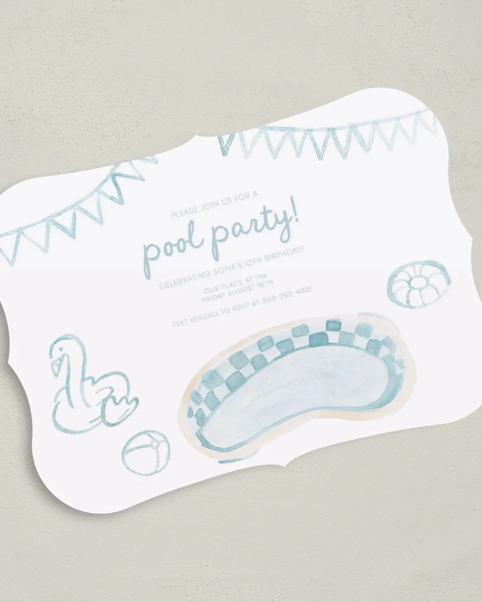 This is a 5" x 7" Birthday Party Invitation called Pool Party printed in full color with Gold foil on Luxe Satin (coated) paper
