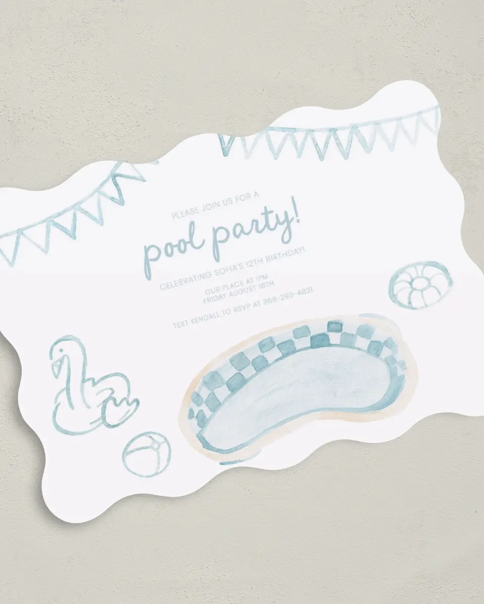 This is a 5" x 7" Birthday Party Invitation called Pool Party printed in full color on Premium Smooth paper