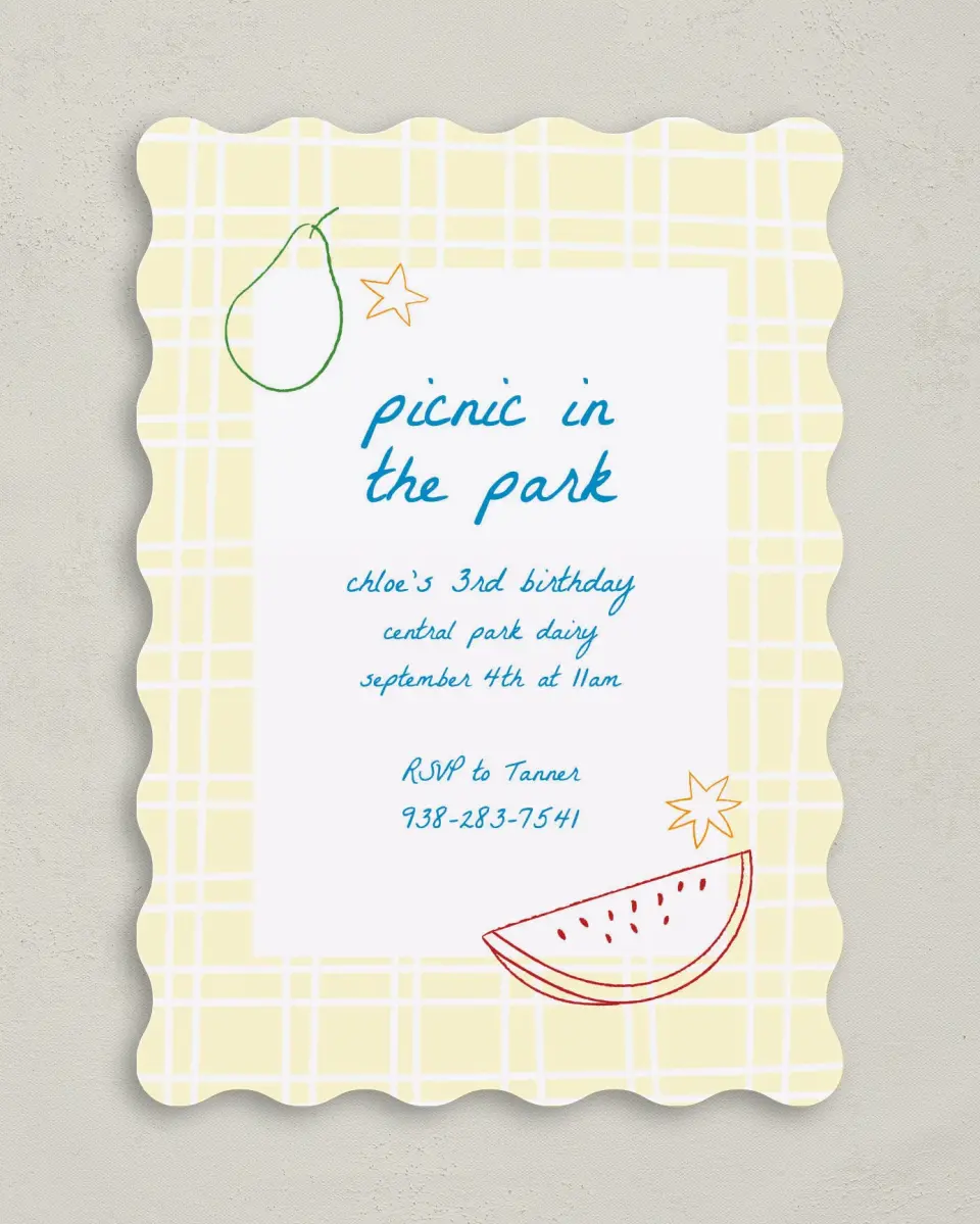 This is a 5" x 7" Birthday Party Invitation called Park Picnic printed in full color on Premium Smooth paper