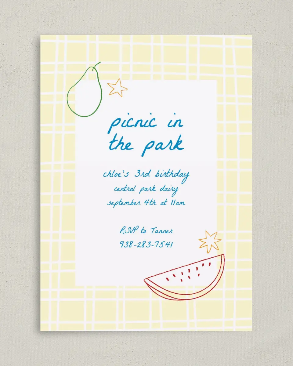This is a 5" x 7" Birthday Party Invitation called Park Picnic printed in full color on Premium Smooth paper