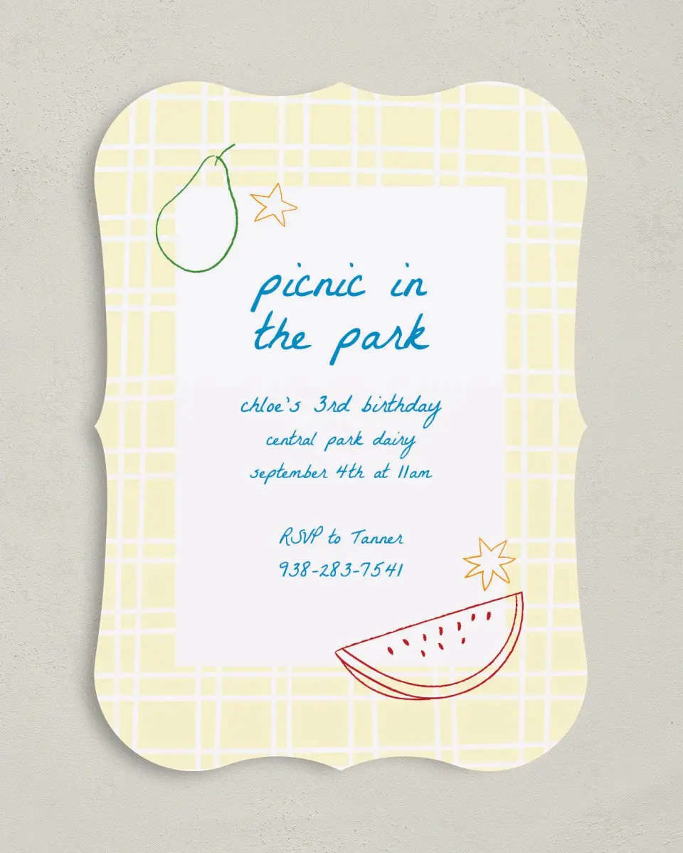 This is a 5" x 7" Birthday Party Invitation called Park Picnic printed in full color with Gold foil on Luxe Satin (coated) paper