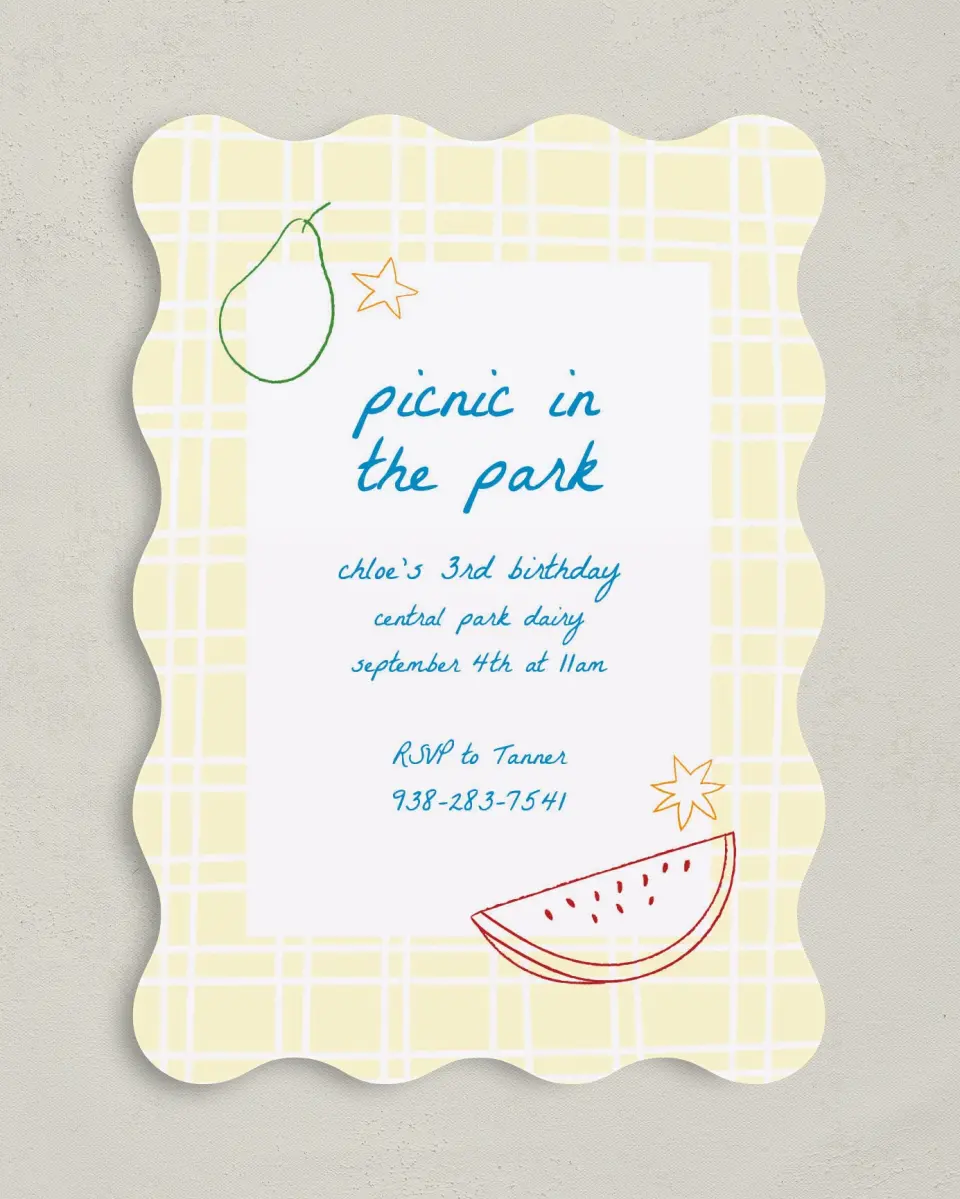 This is a 5" x 7" Birthday Party Invitation called Park Picnic printed in full color on Premium Smooth paper