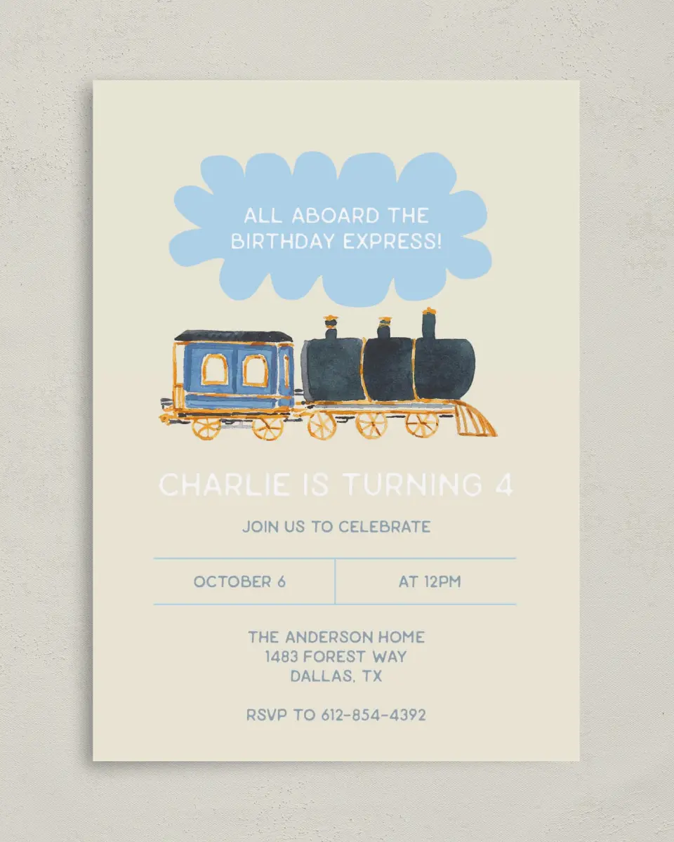This is a 5" x 7" Birthday Party Invitation called All Aboard printed in full color on Premium Smooth paper