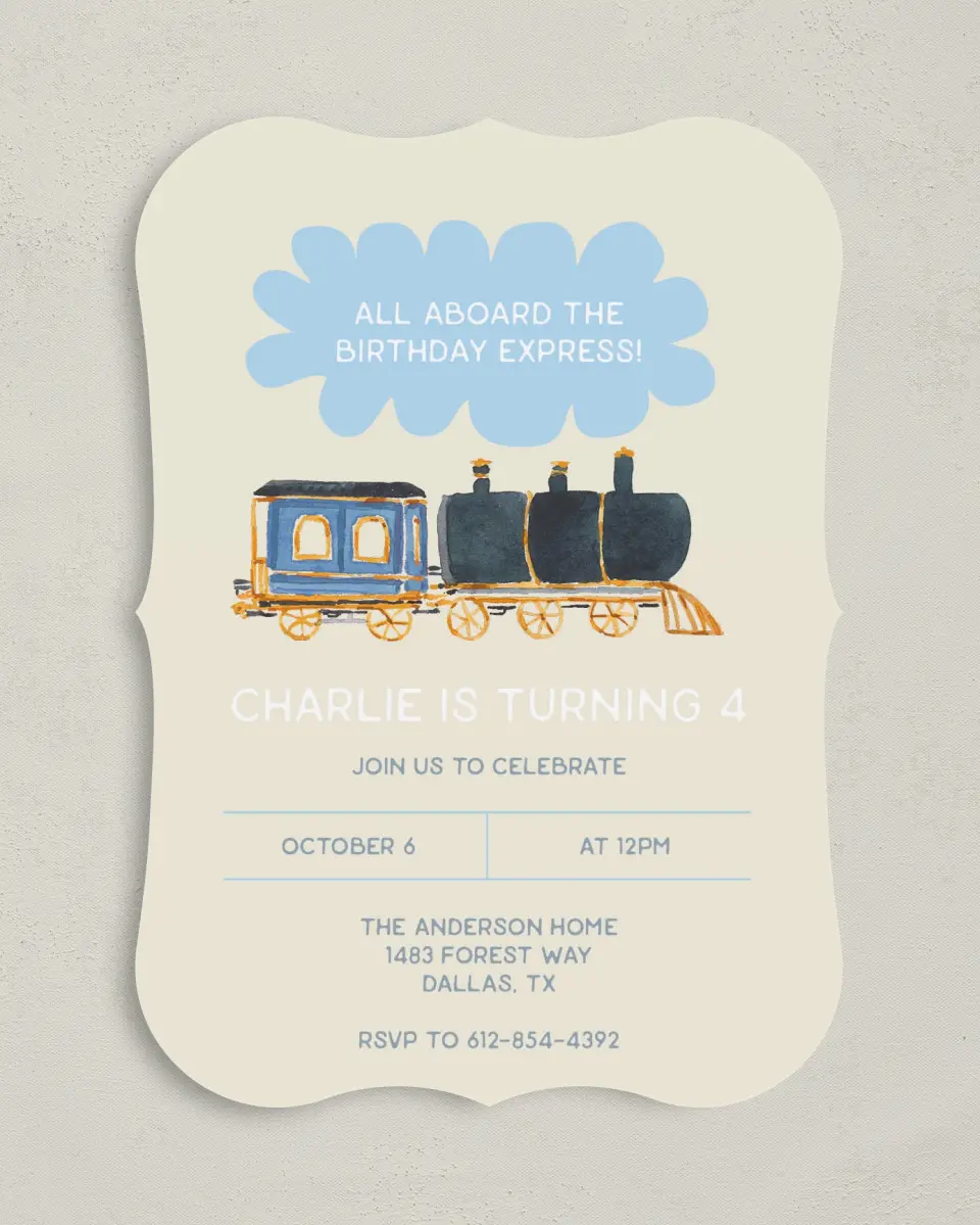 This is a 5" x 7" Birthday Party Invitation called All Aboard printed in full color on Premium Smooth paper