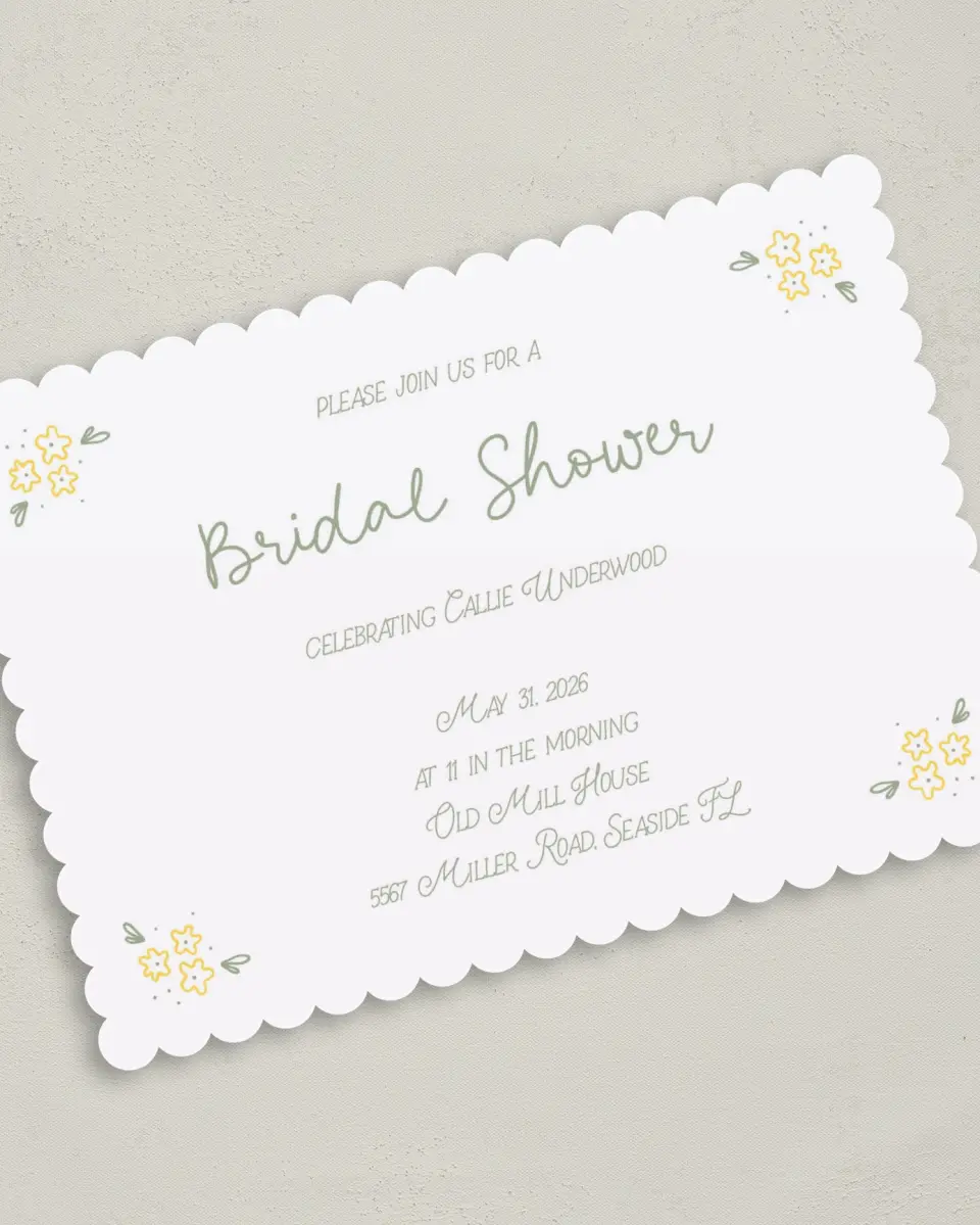 This is a 5" x 7" Bridal Shower Invitation called Dainty Daisies printed in full color with Silver foil on Luxe Satin (coated) paper