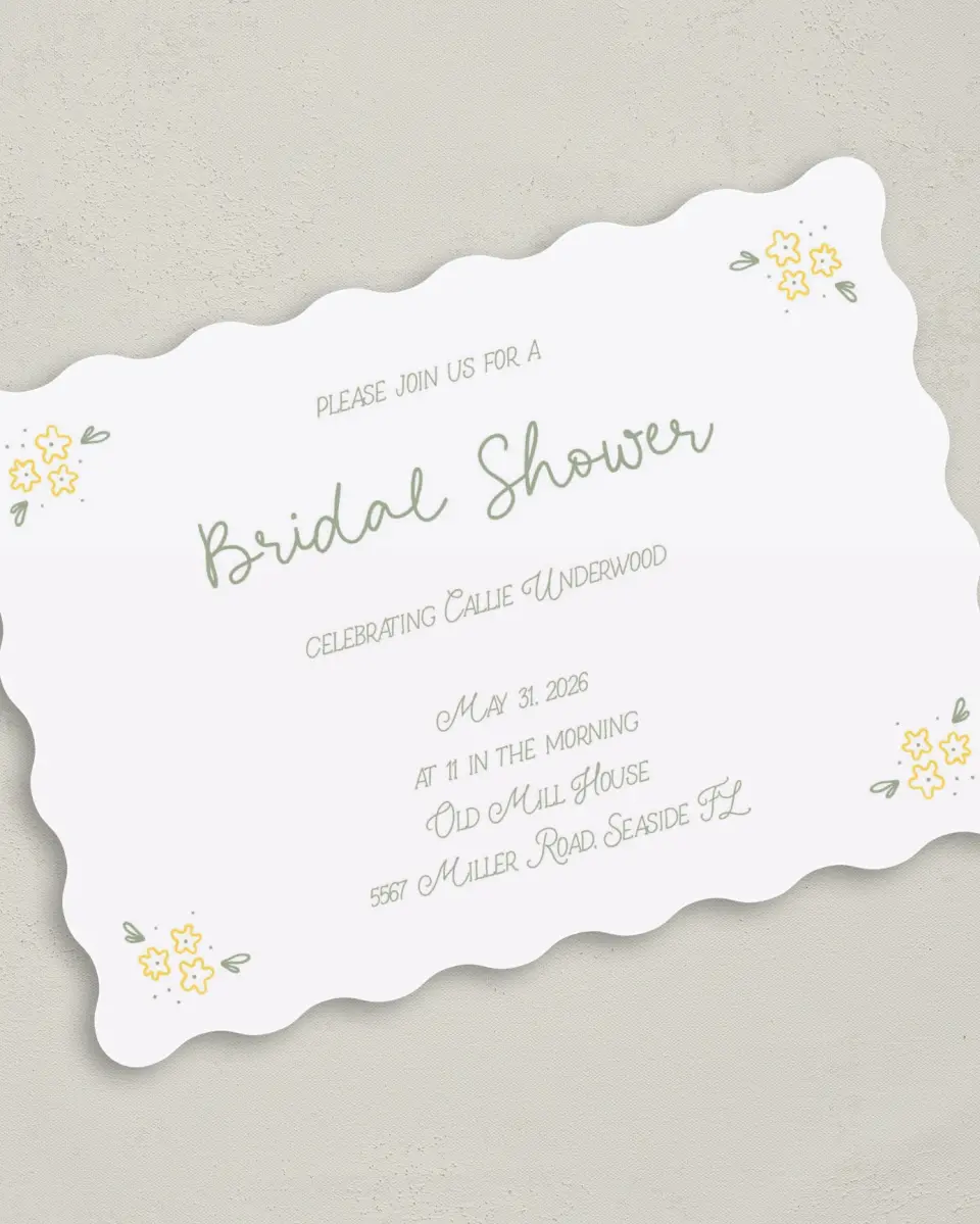 This is a 5" x 7" Bridal Shower Invitation called Dainty Daisies printed in full color on Premium Smooth paper