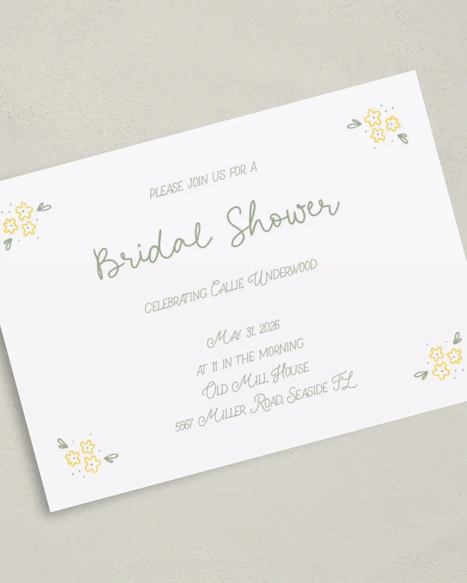 This is a 5" x 7" Bridal Shower Invitation called Dainty Daisies printed in full color on Premium Smooth paper