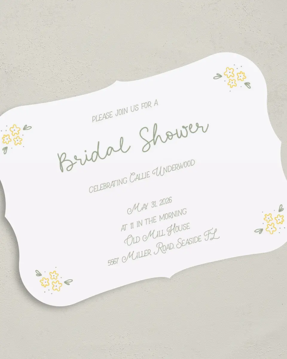 This is a 5" x 7" Bridal Shower Invitation called Dainty Daisies printed in full color on Premium Smooth paper