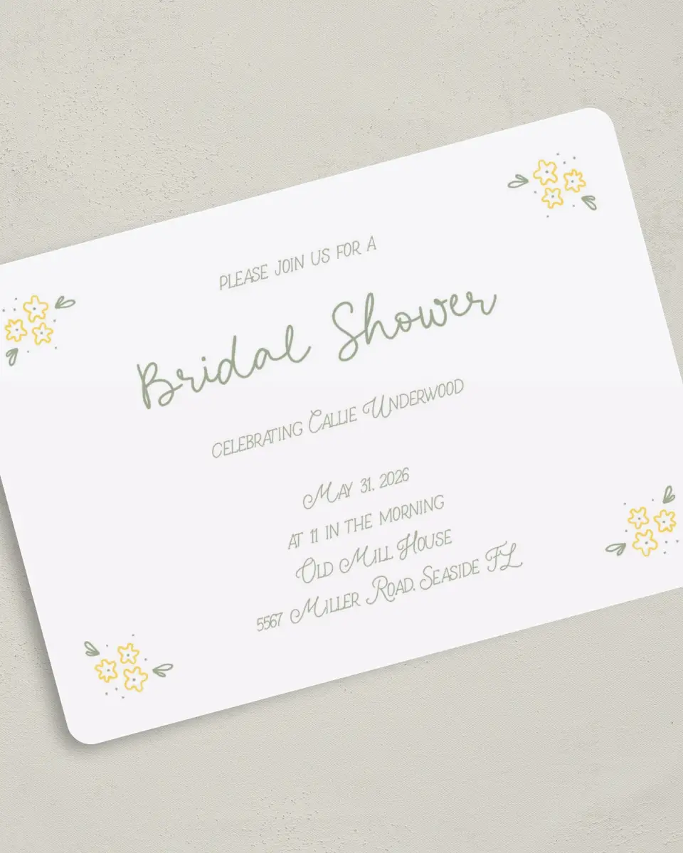 This is a 5" x 7" Bridal Shower Invitation called Dainty Daisies printed in full color on Premium Smooth paper