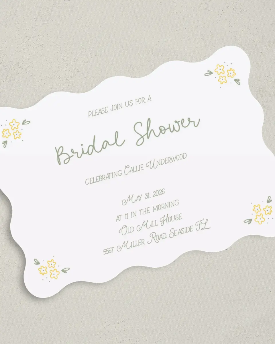 This is a 5" x 7" Bridal Shower Invitation called Dainty Daisies printed in full color with Silver foil on Luxe Satin (coated) paper