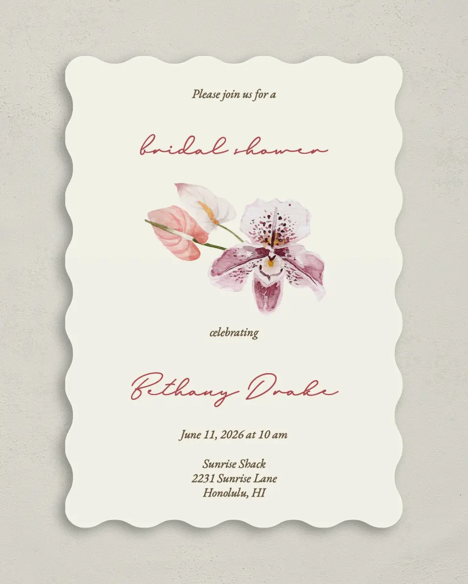 This is a 5" x 7" Bridal Shower Invitation called Orchid Oasis printed in full color with Rose Gold foil on Luxe Satin (coated) paper