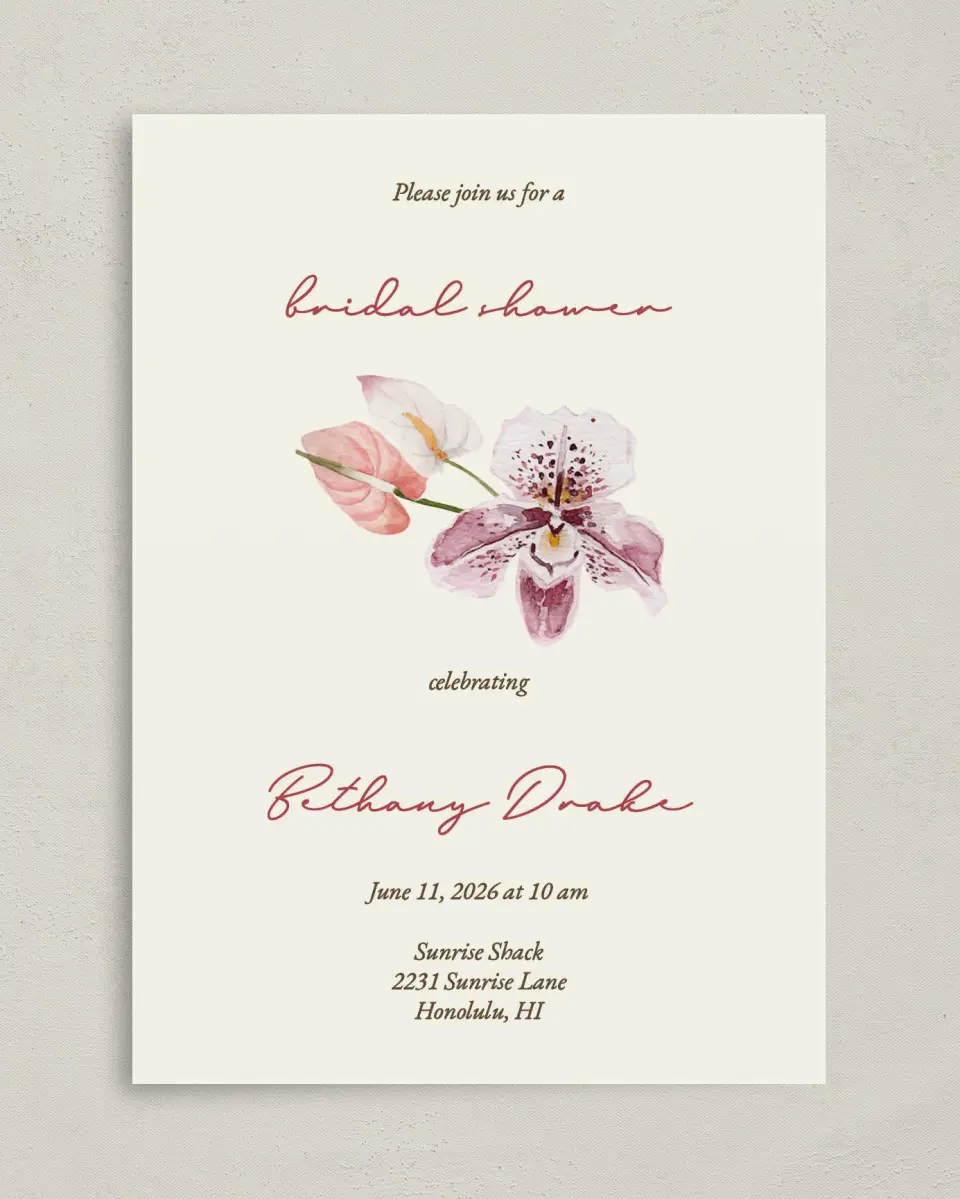 This is a 5" x 7" Bridal Shower Invitation called Orchid Oasis printed in full color on Premium Smooth paper