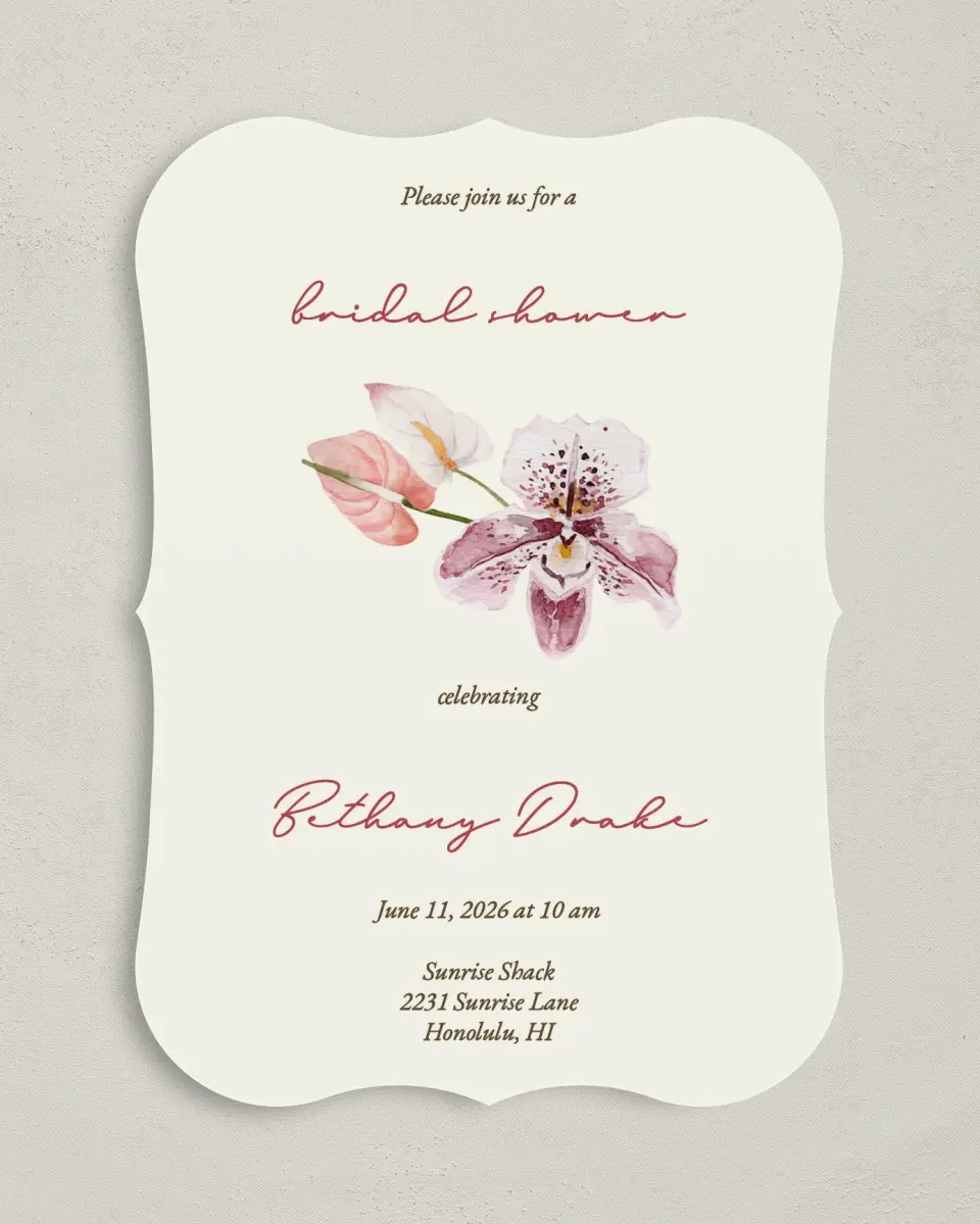 This is a 5" x 7" Bridal Shower Invitation called Orchid Oasis printed in full color with Rose Gold foil on Luxe Satin (coated) paper