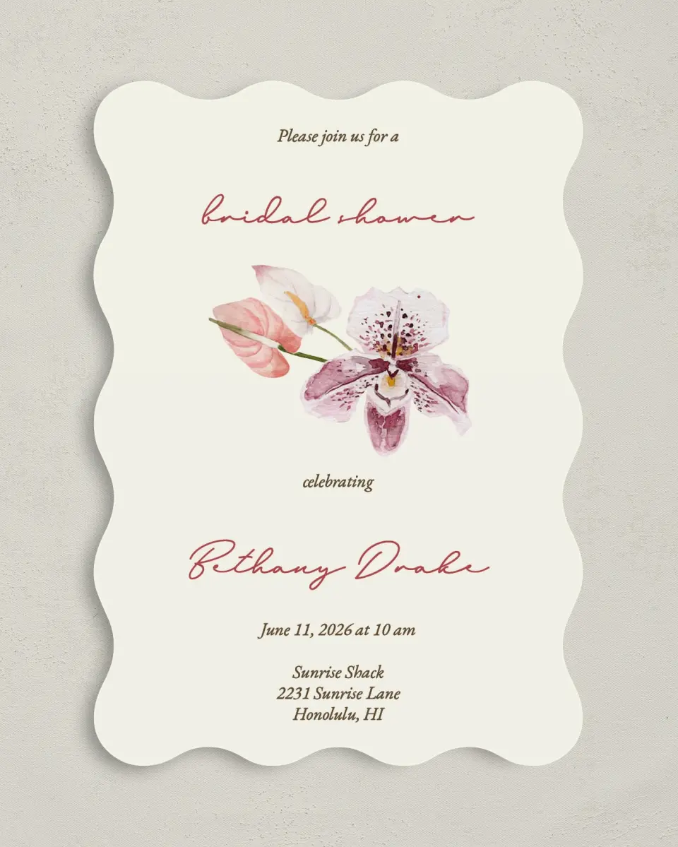 This is a 5" x 7" Bridal Shower Invitation called Orchid Oasis printed in full color with Gold foil on Luxe Satin (coated) paper