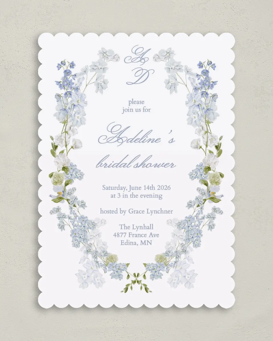 This is a 5" x 7" Bridal Shower Invitation called Bridal Blossoms printed in full color with Rose Gold foil on Luxe Satin (coated) paper