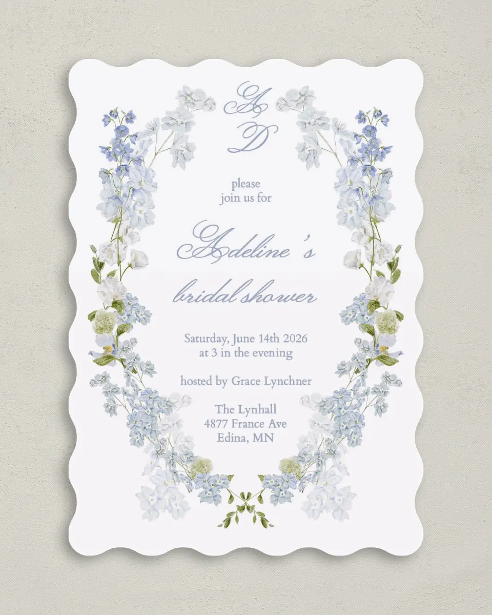This is a 5" x 7" Bridal Shower Invitation called Bridal Blossoms printed in full color with Rose Gold foil on Luxe Satin (coated) paper