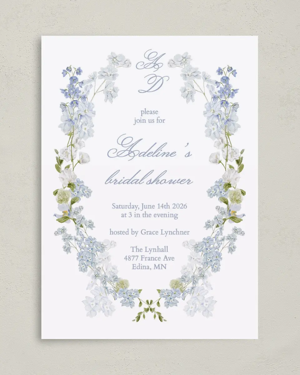 This is a 5" x 7" Bridal Shower Invitation called Bridal Blossoms printed in full color with Rose Gold foil on Luxe Satin (coated) paper