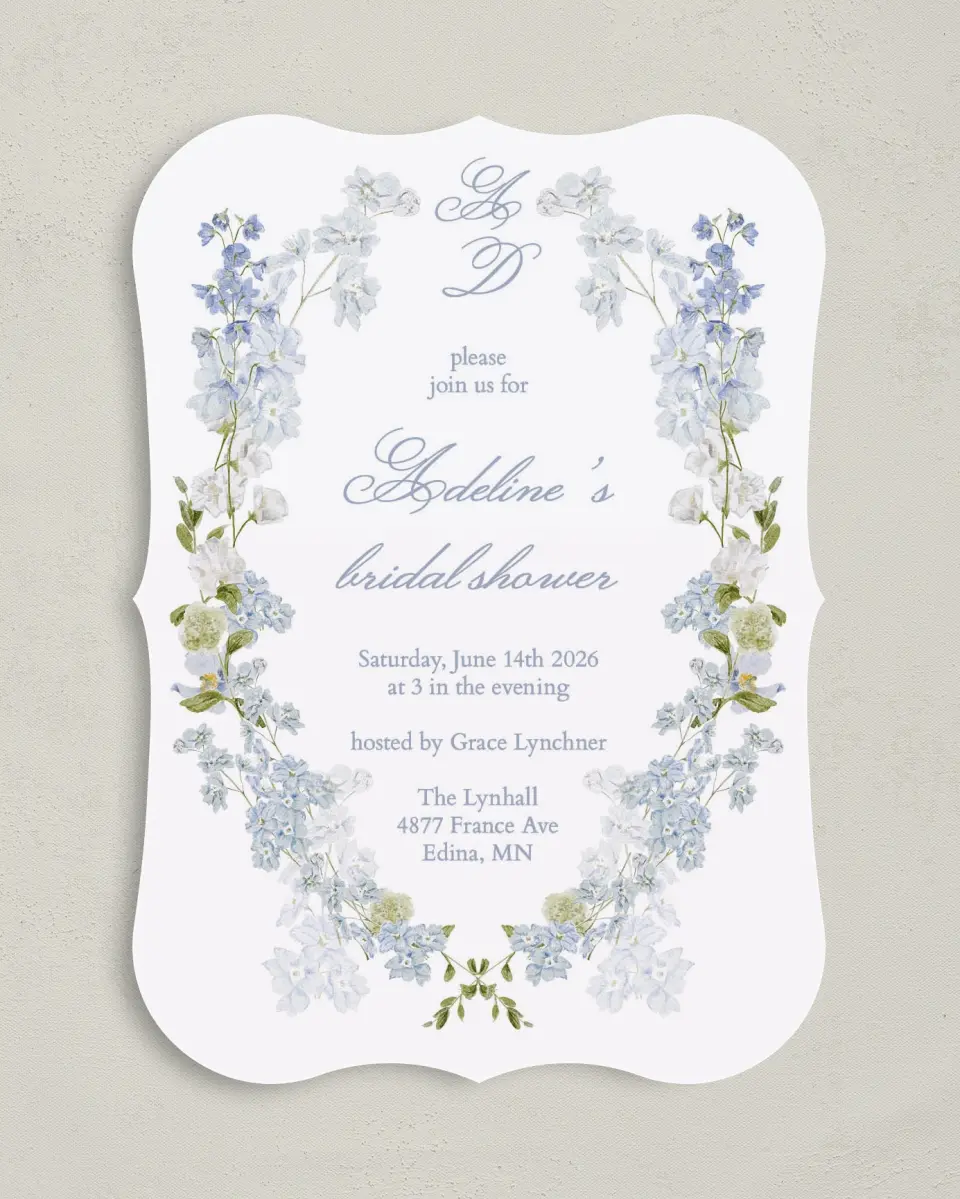 This is a 5" x 7" Bridal Shower Invitation called Bridal Blossoms printed in full color with Rose Gold foil on Luxe Satin (coated) paper
