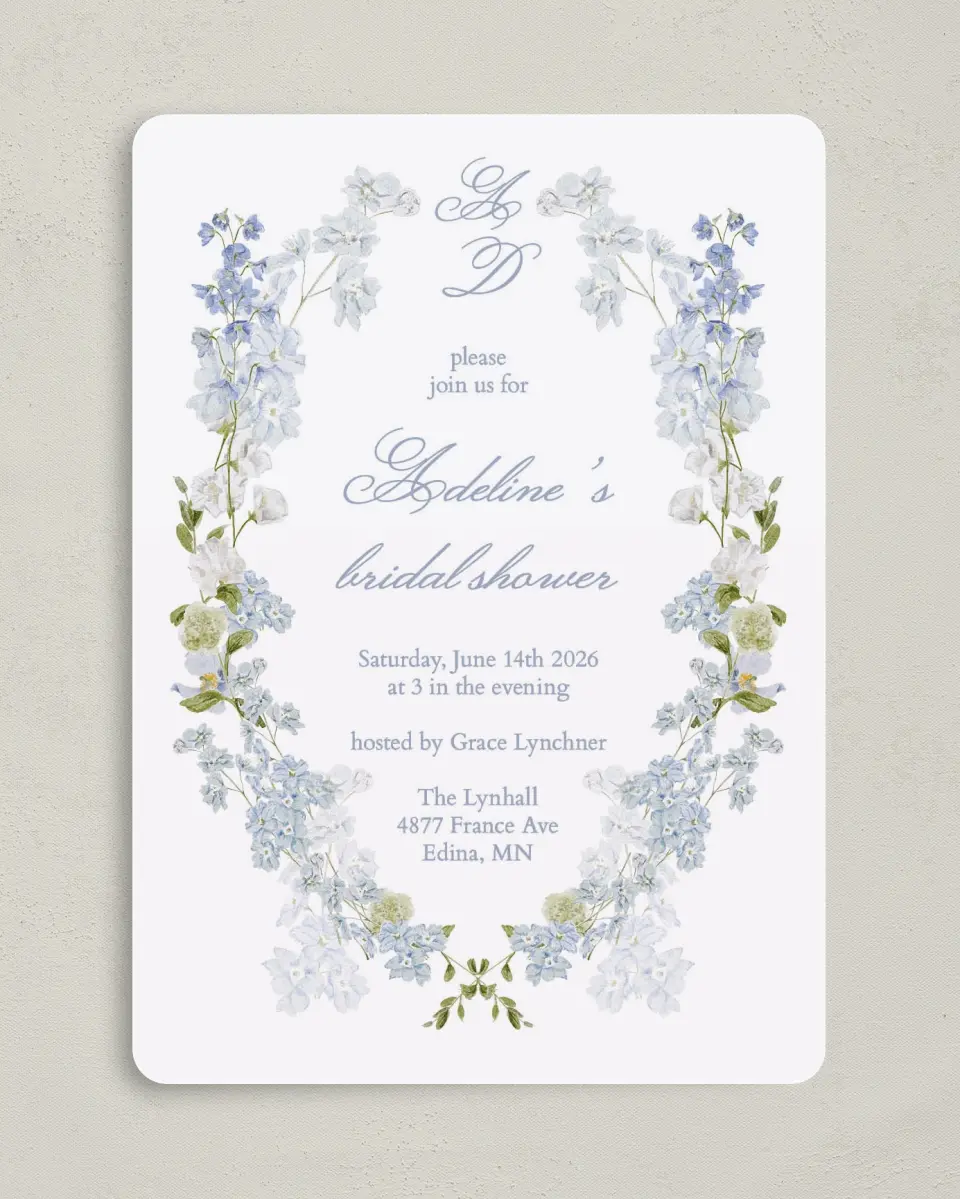 This is a 5" x 7" Bridal Shower Invitation called Bridal Blossoms printed in full color on Premium Smooth paper
