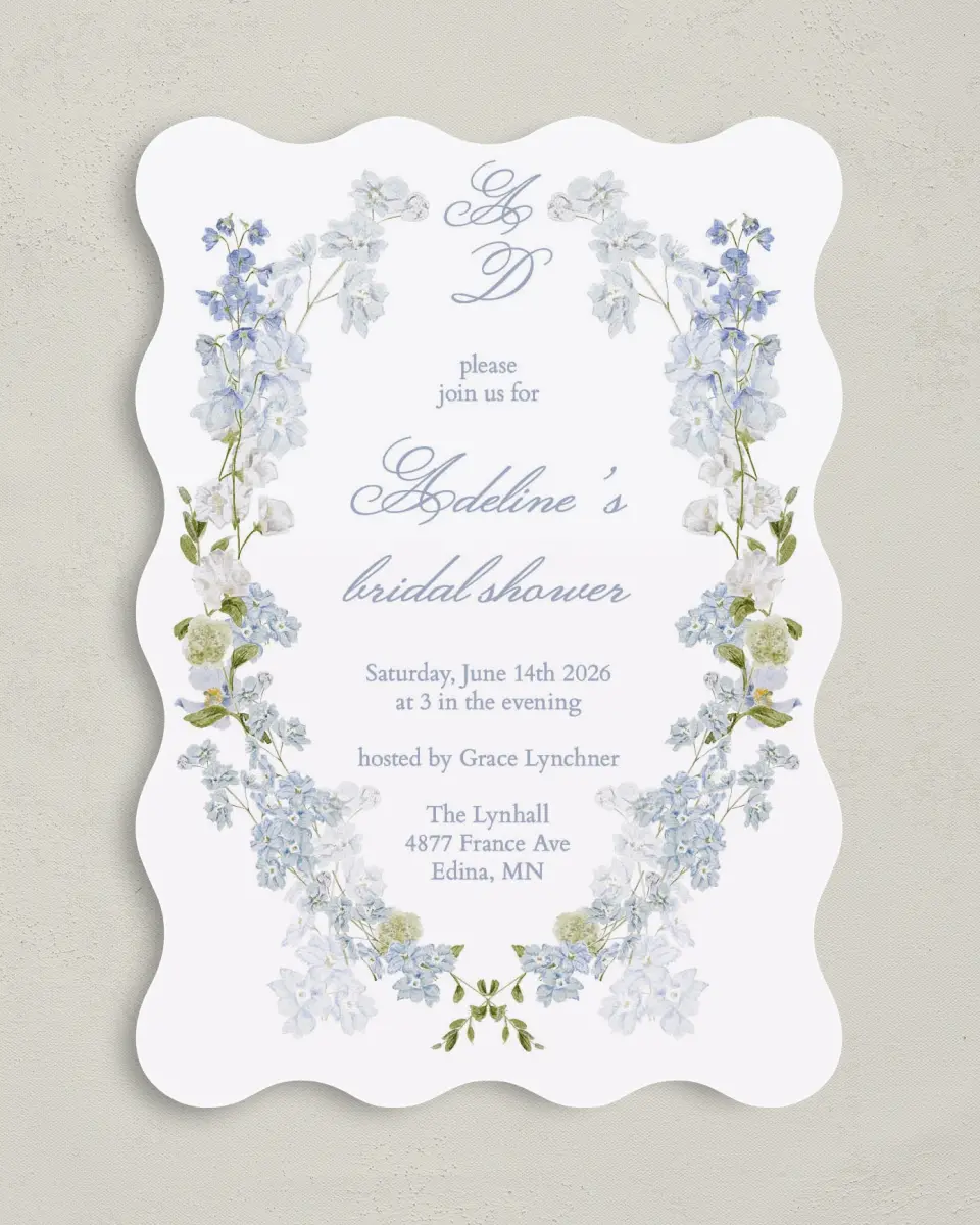 This is a 5" x 7" Bridal Shower Invitation called Bridal Blossoms printed in full color with Gold foil on Luxe Satin (coated) paper