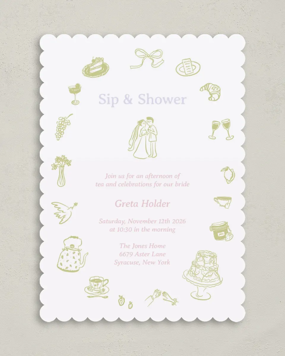 This is a 5" x 7" Bridal Shower Invitation called Sip and Shower printed in full color with Rose Gold foil on Luxe Satin (coated) paper