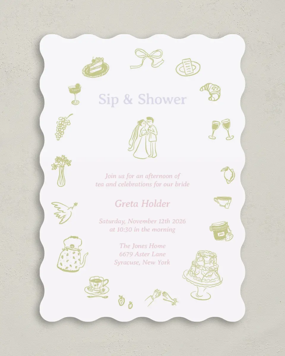 This is a 5" x 7" Bridal Shower Invitation called Sip and Shower printed in full color on Premium Smooth paper