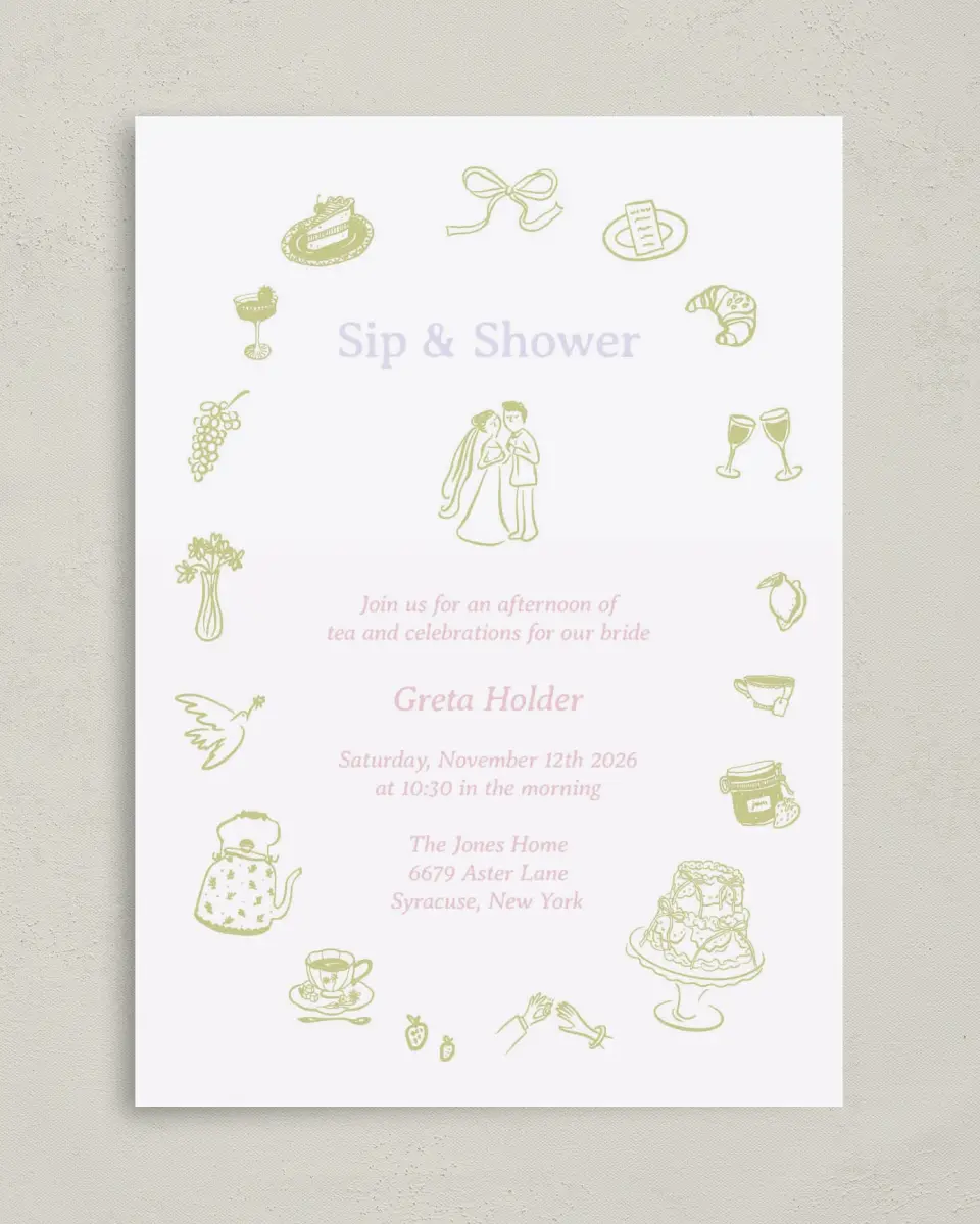 This is a 5" x 7" Bridal Shower Invitation called Sip and Shower printed in full color on Premium Smooth paper