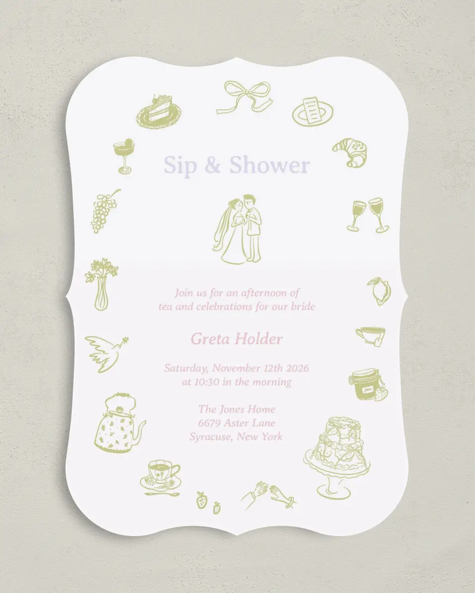 This is a 5" x 7" Bridal Shower Invitation called Sip and Shower printed in full color on Premium Smooth paper