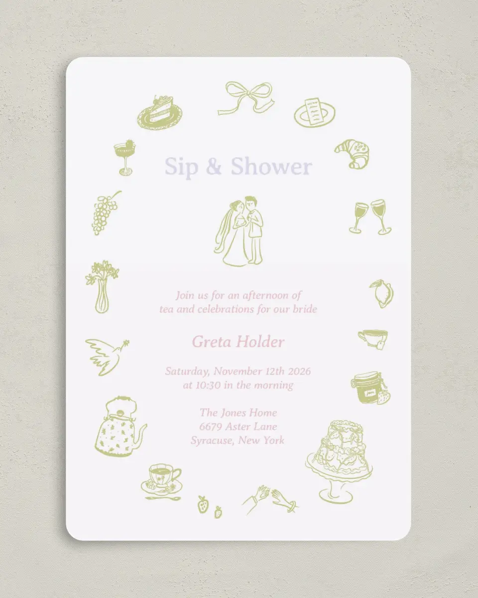 This is a 5" x 7" Bridal Shower Invitation called Sip and Shower printed in full color on Premium Smooth paper