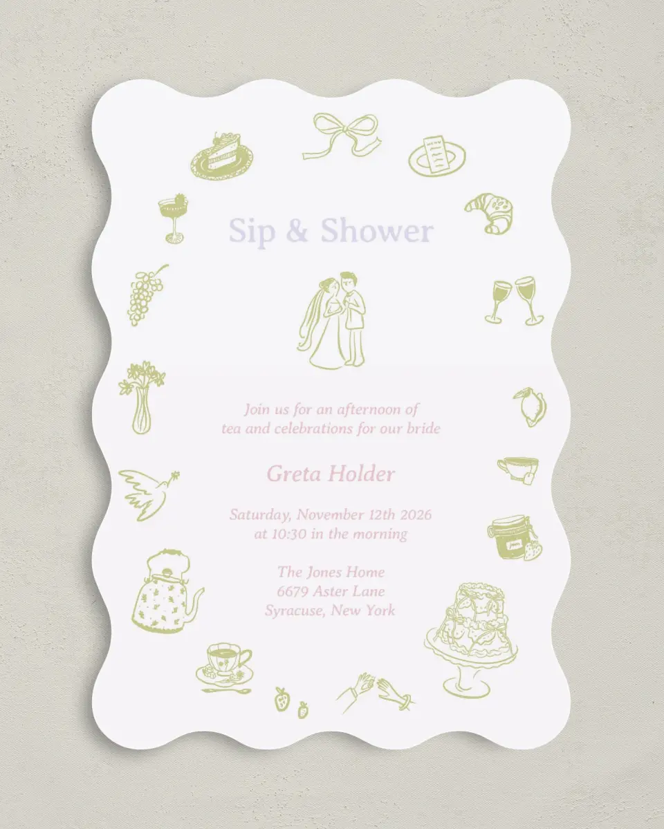 This is a 5" x 7" Bridal Shower Invitation called Sip and Shower printed in full color with Gold foil on Luxe Satin (coated) paper