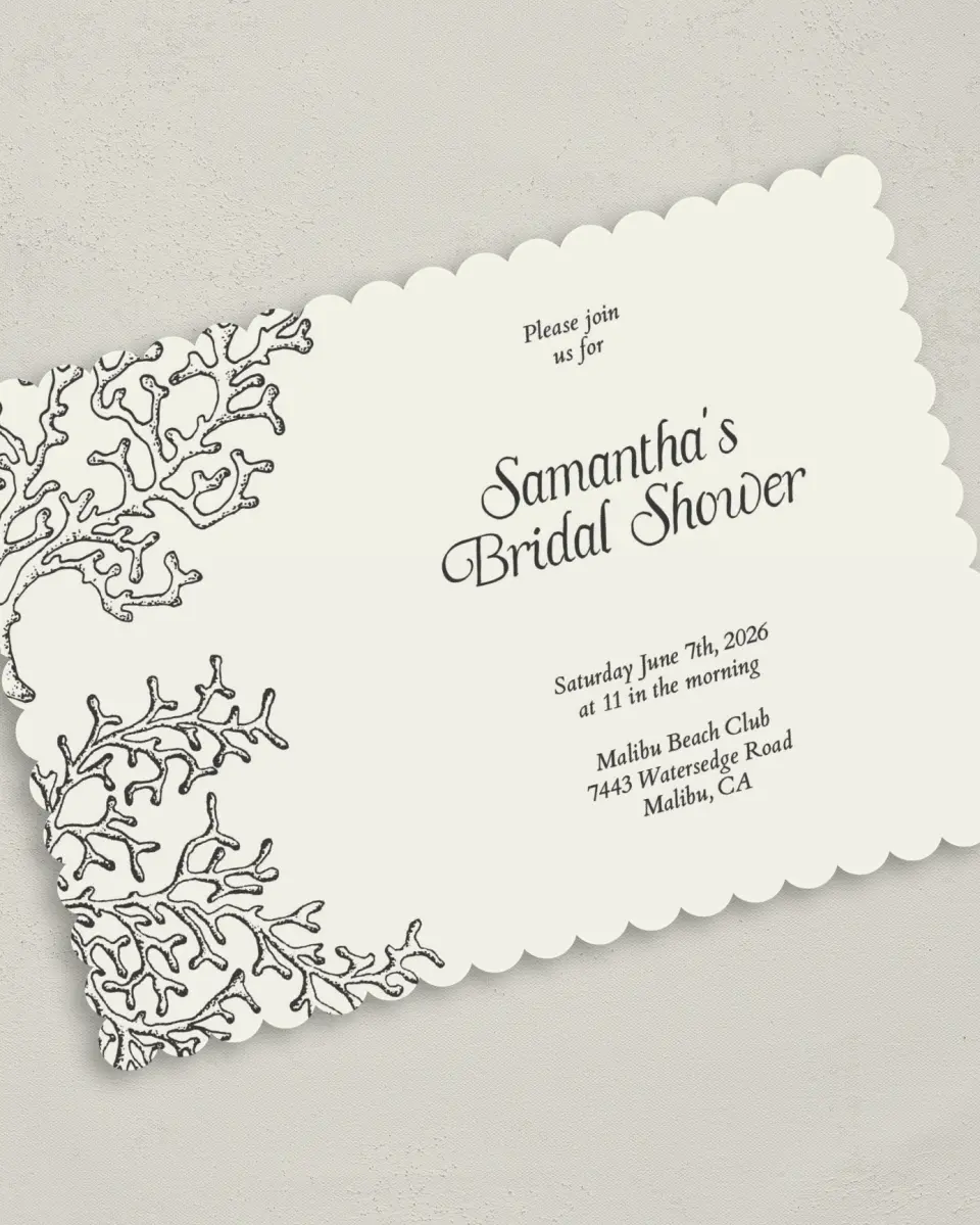 This is a 5" x 7" Bridal Shower Invitation called Breezy and Bridal printed in full color with Rose Gold foil on Luxe Satin (coated) paper
