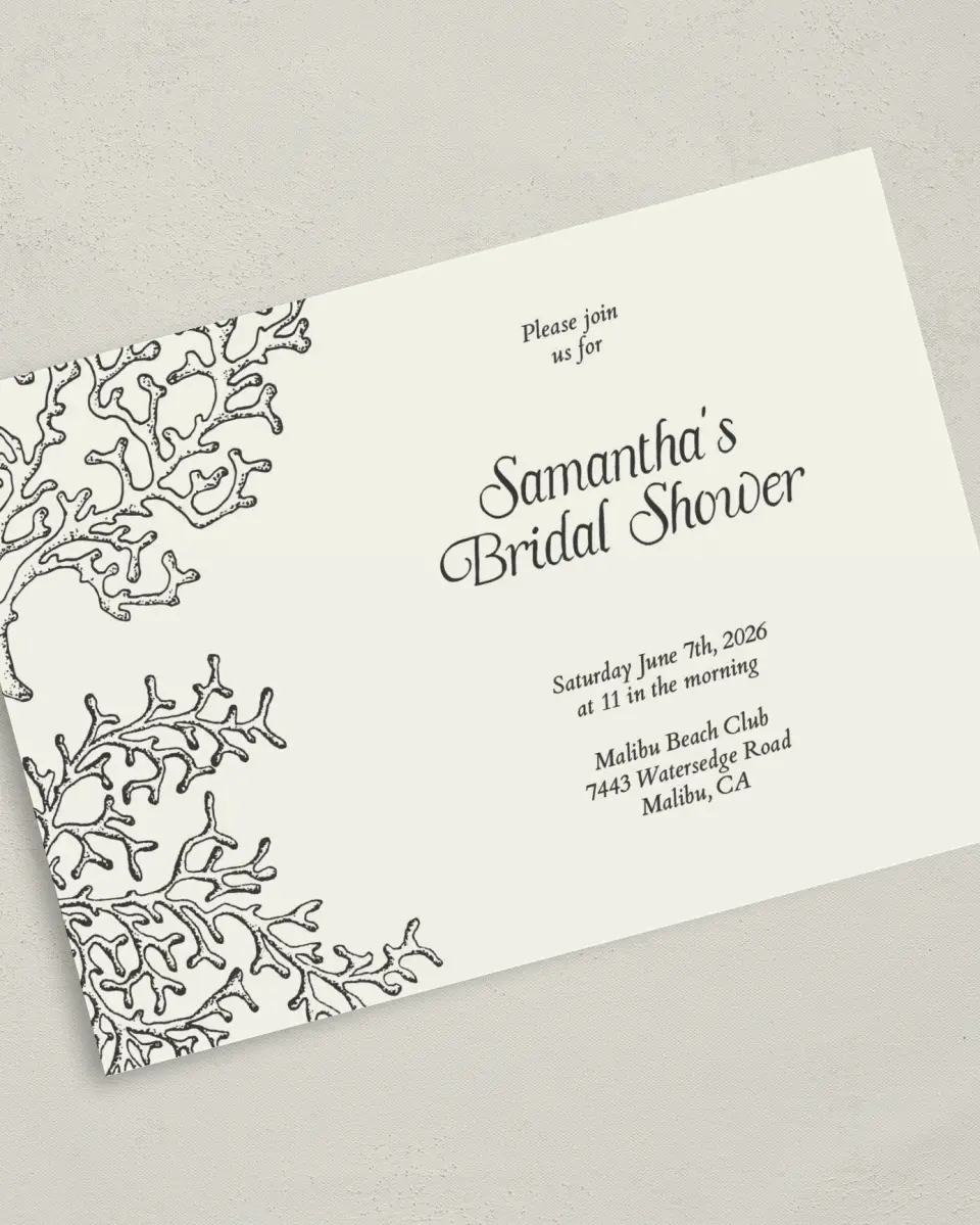 This is a 5" x 7" Bridal Shower Invitation called Breezy and Bridal printed in full color on Premium Smooth paper