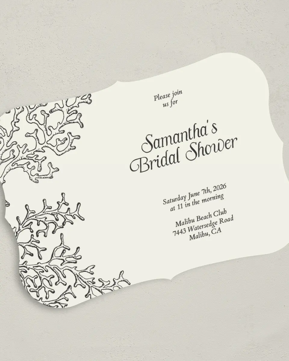 This is a 5" x 7" Bridal Shower Invitation called Breezy and Bridal printed in full color with Rose Gold foil on Luxe Satin (coated) paper