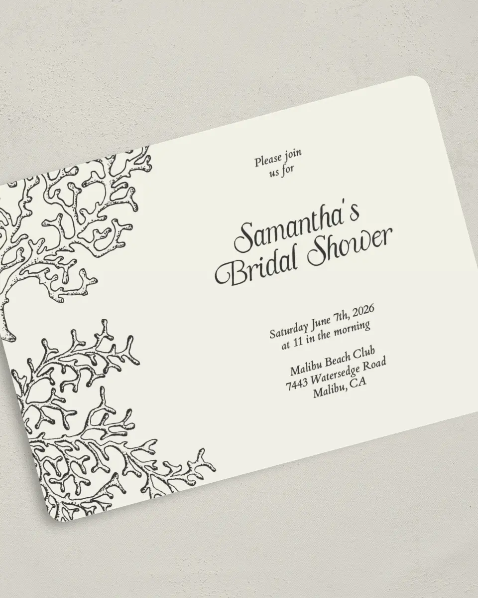 This is a 5" x 7" Bridal Shower Invitation called Breezy and Bridal printed in full color on Premium Smooth paper