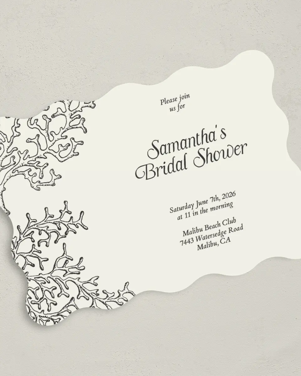 This is a 5" x 7" Bridal Shower Invitation called Breezy and Bridal printed in full color with Gold foil on Luxe Satin (coated) paper