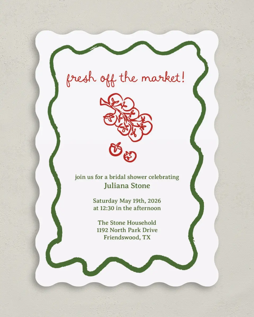 This is a 5" x 7" Bridal Shower Invitation called Off the Market printed in full color on Premium Smooth paper