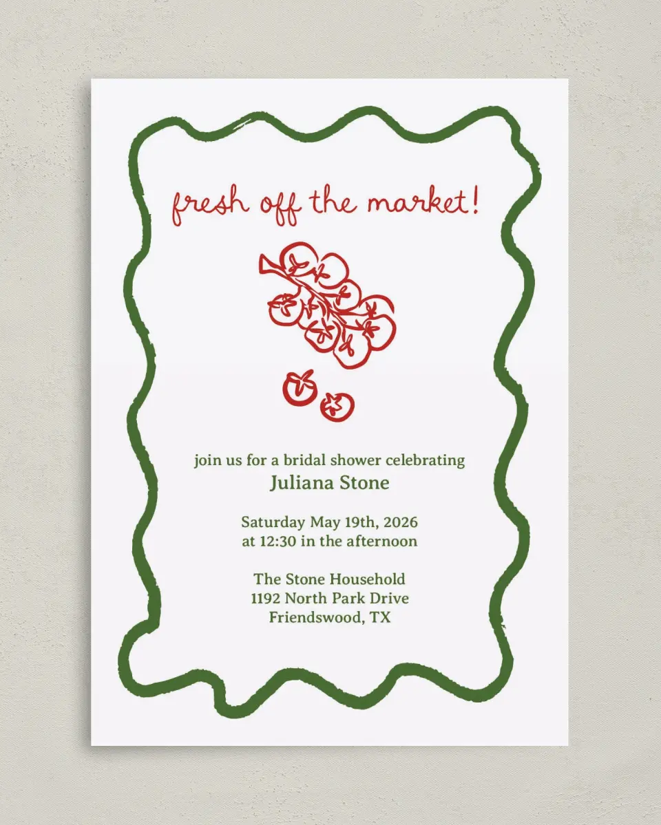 This is a 5" x 7" Bridal Shower Invitation called Off the Market printed in full color on Premium Smooth paper