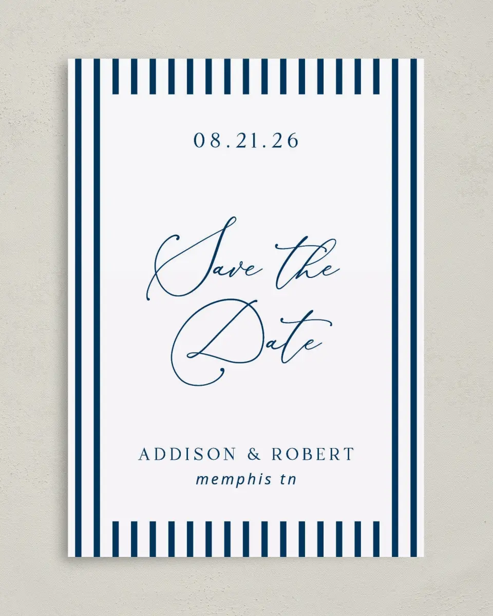 This is a 5" x 7" Save the Date Card called The Addison printed in full color on Premium Smooth paper