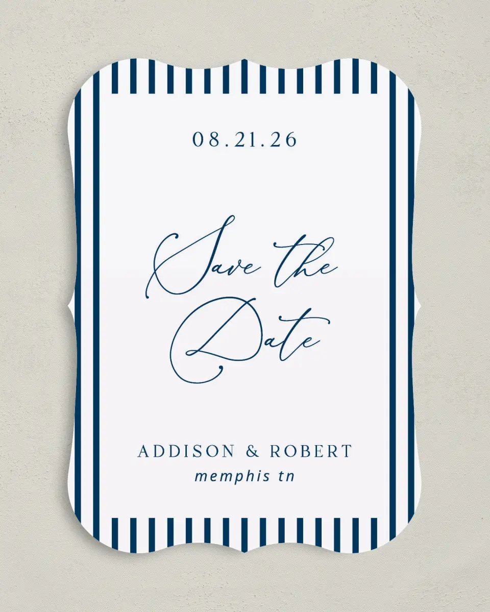 This is a 5" x 7" Save the Date Card called The Addison printed in full color on Premium Smooth paper