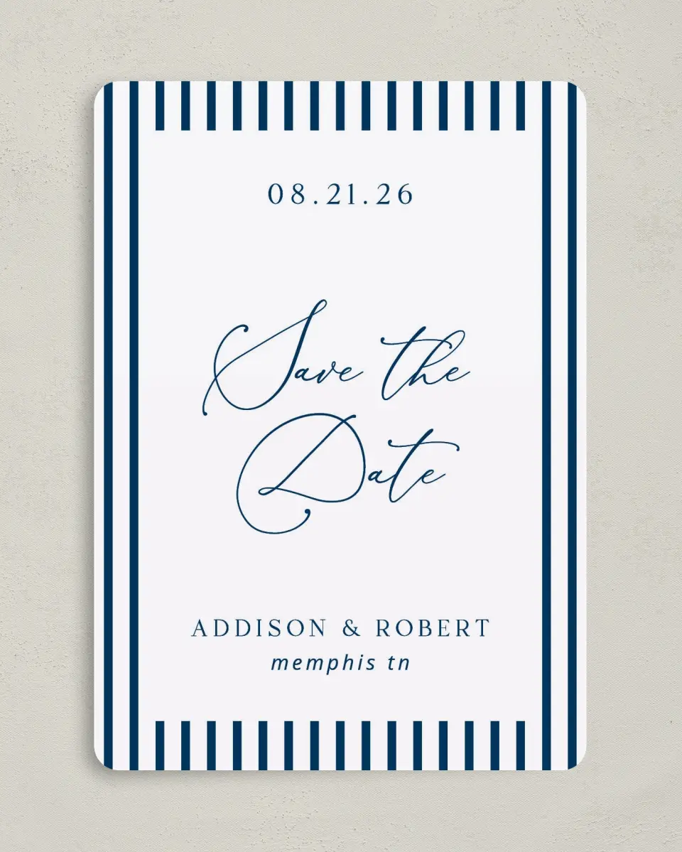 This is a 5" x 7" Save the Date Card called The Addison printed in full color on Premium Smooth paper
