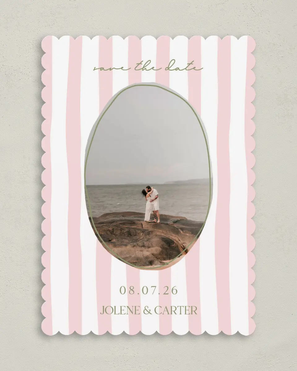 This is a 5" x 7" Save the Date Card called The Jolene printed in full color on Premium Smooth paper