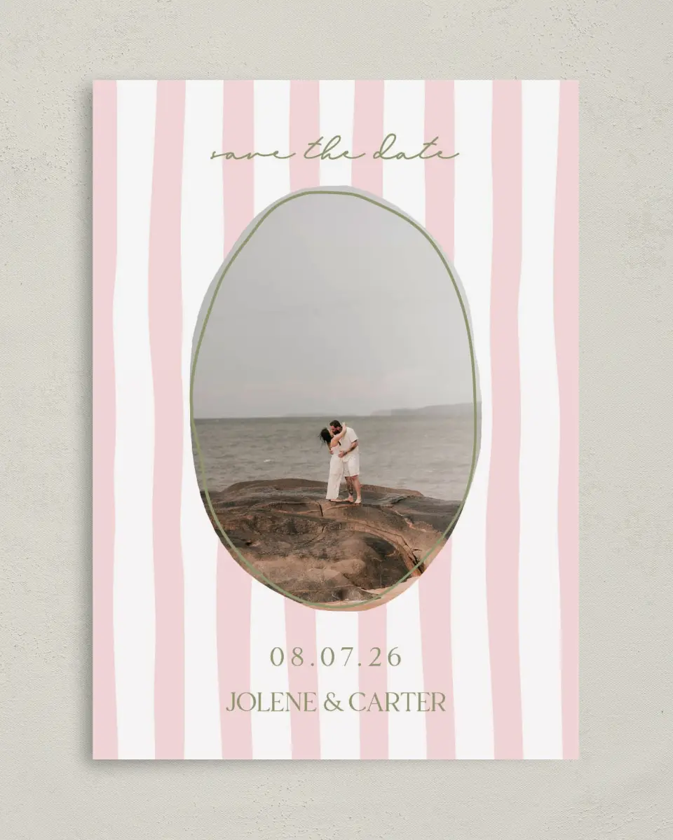 This is a 5" x 7" Save the Date Card called The Jolene printed in full color on Premium Smooth paper