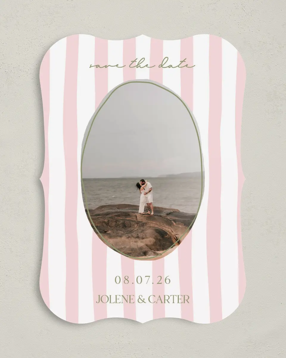 This is a 5" x 7" Save the Date Card called The Jolene printed in full color on Premium Smooth paper