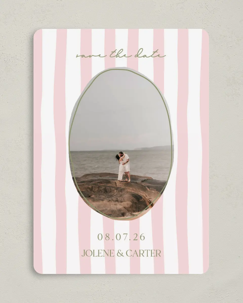 This is a 5" x 7" Save the Date Card called The Jolene printed in full color on Premium Smooth paper