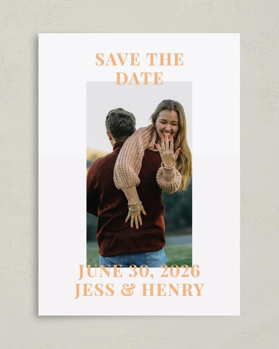 This is a 5" x 7" Save the Date Card called The Jess printed in full color on Premium Smooth paper