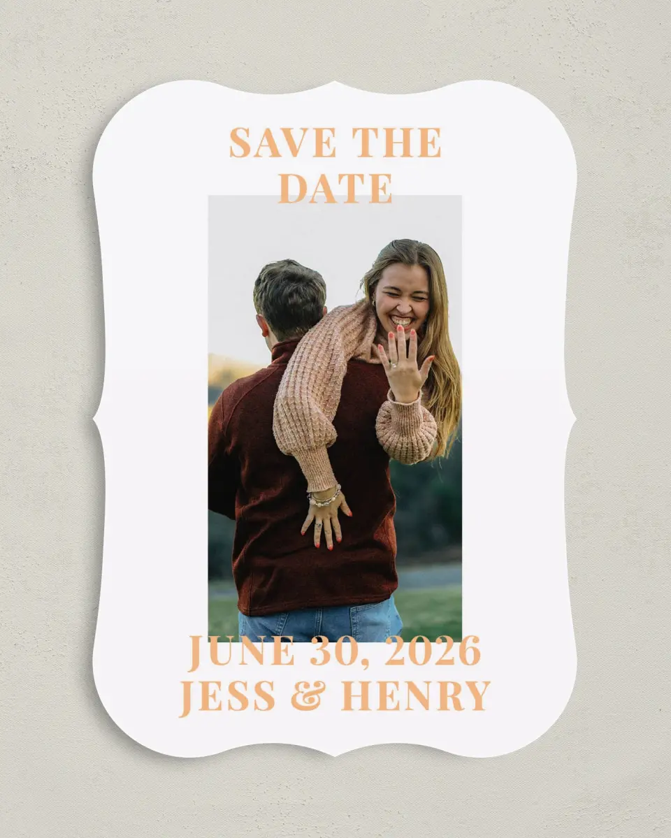 This is a 5" x 7" Save the Date Card called The Jess printed in full color on Premium Smooth paper