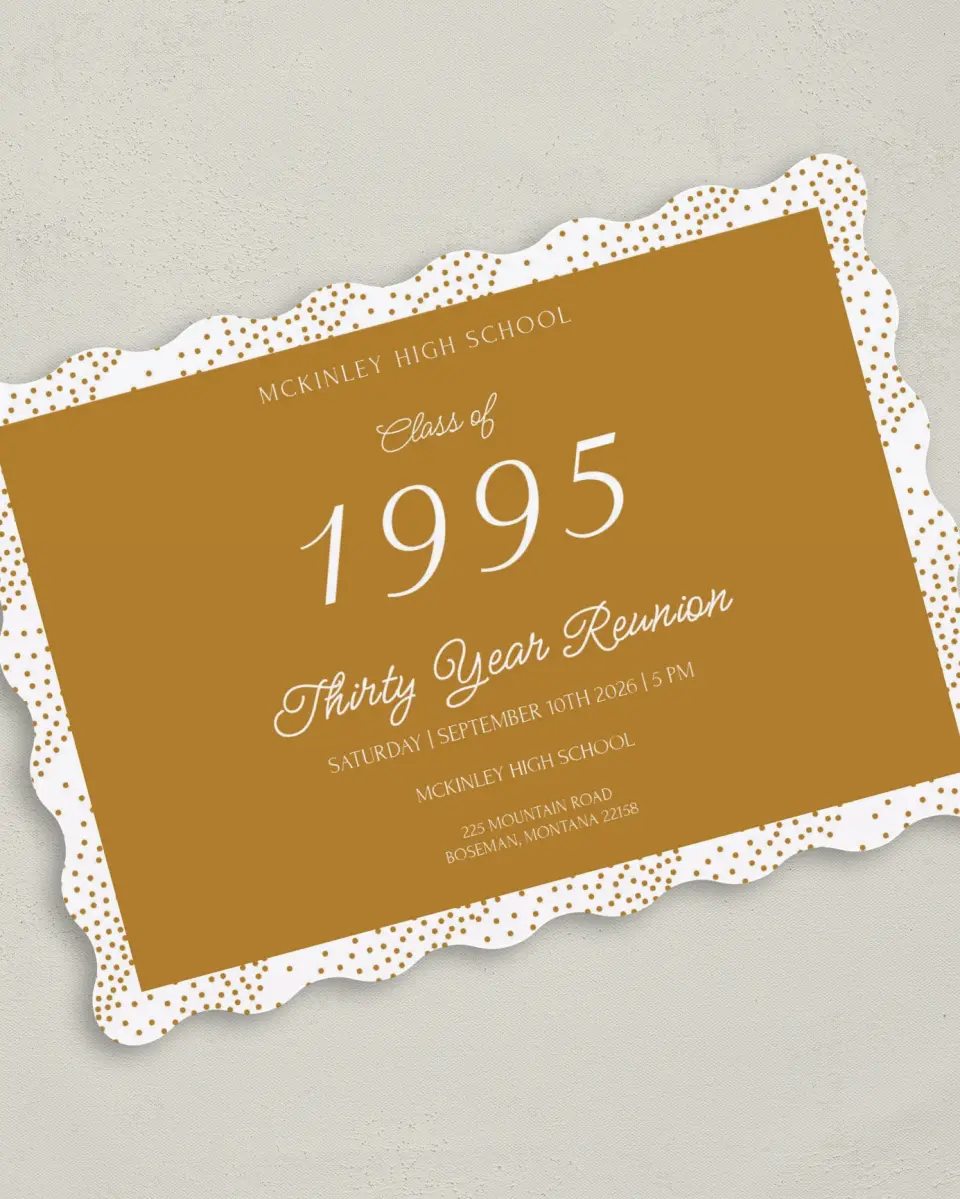 This is a 5" x 7" Class Reunion called Golden Confetti printed in full color on Premium Smooth paper